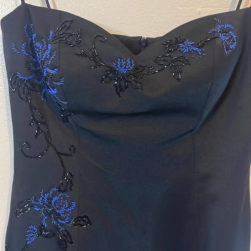 VTG Y2K Geometrie Black and Blue Beaded Floral Midi Length Prom Dress  Size 8 - Picture 3 of 8